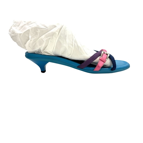 PRADA Y2K TURQUOISE BLUE KITTEN HEEL SLIDES W NAVY, PINK & PURPLE STRAPS - Picture 15 of 16
